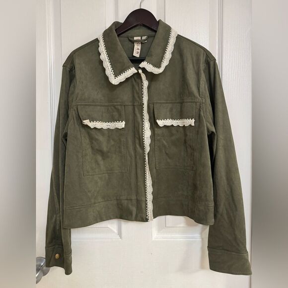 Anthropologie x Dolan Left Coast Lace-Trim vegan Suede Jacket Green Size L boho - Picture 6 of 12